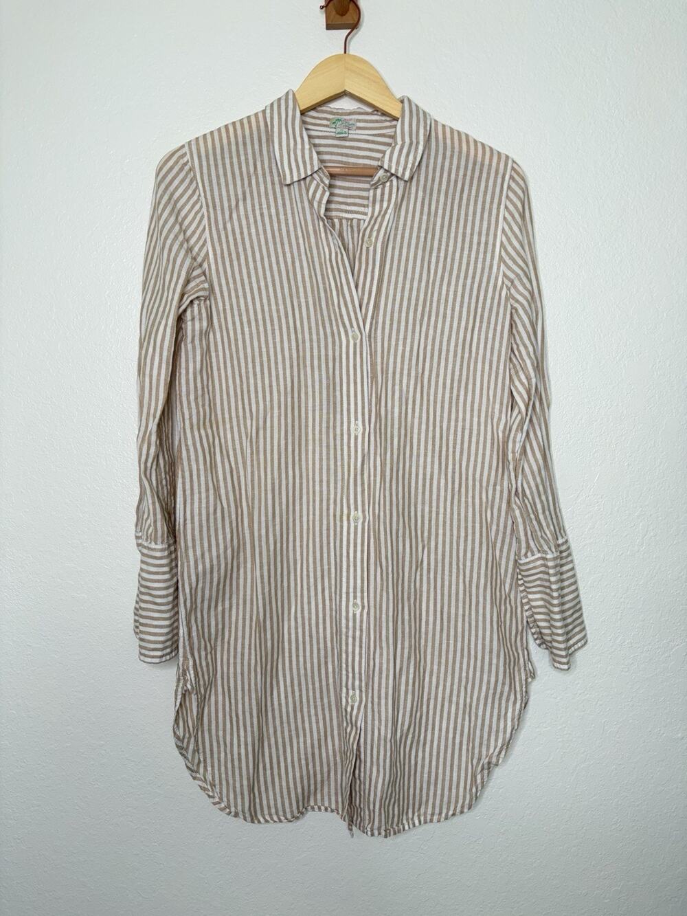 J. Crew Tan White Striped Button Up Tunic Linen Dress Size XS Effortless Coastal
